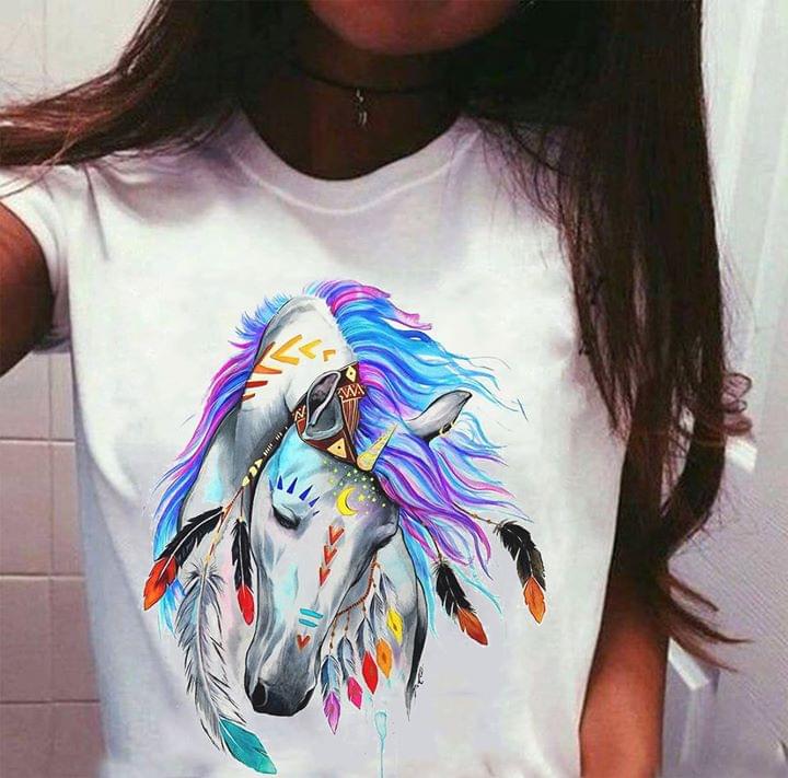 Colorful Feathers White Horse With Half Special Moon Symbol Shirt ...