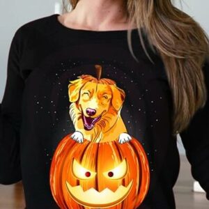 Cute golden retriever wearing a pumpkin costume on Halloween shirt.