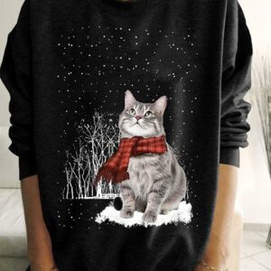 Cute Gray Scottish Cat Under Snow Christmas Shirt
