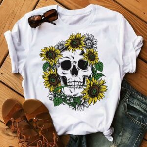 Human Skull And Peace Sunflowers T-Shirt Sweatshirt Hoodie