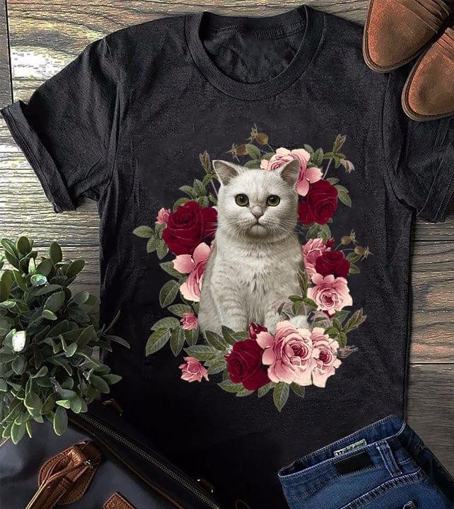 White Cat Pink And Red Roses Shirt - TeePython