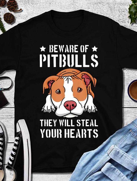 Beware Of Pitbulls They Will Steal Your Hearts Cartoon Dog Shirt ...