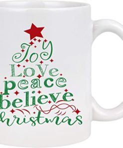 Joy Love Peace Believe Christmas Tree White Mug