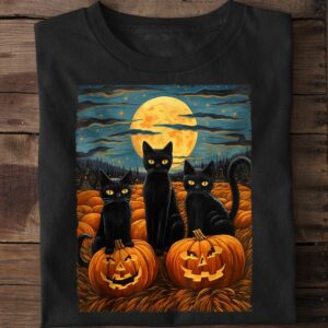 Halloween Shirt, Black Cat Team And Pumpkin Field
