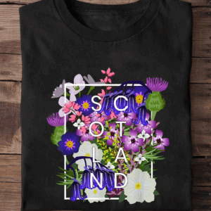 Artistic Scotland floral window t-shirt with scenic blooming flower design.